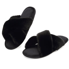 Women's Furry House Slippers Open Toe Slip On Comfy Indoor Shoes