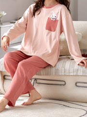 Bunny Print Lounge Set Long Sleeve Top & Pants Women's Pajamas