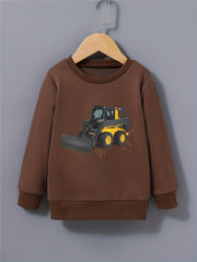 Excavator Mud Road Print Boys Sweatshirt Long Sleeve Crew Neck Tops