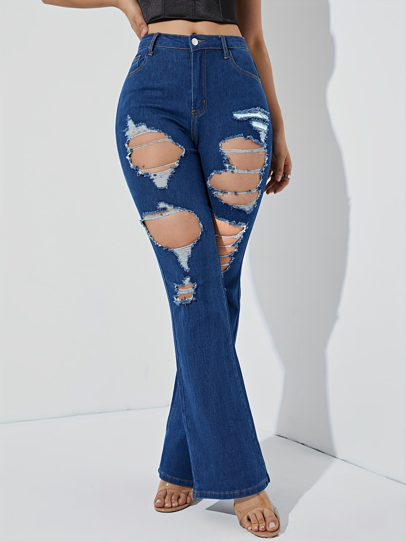 Destroyed Legs Stretchy Bootcut Jeans High Waist Distressed Ripped Flare