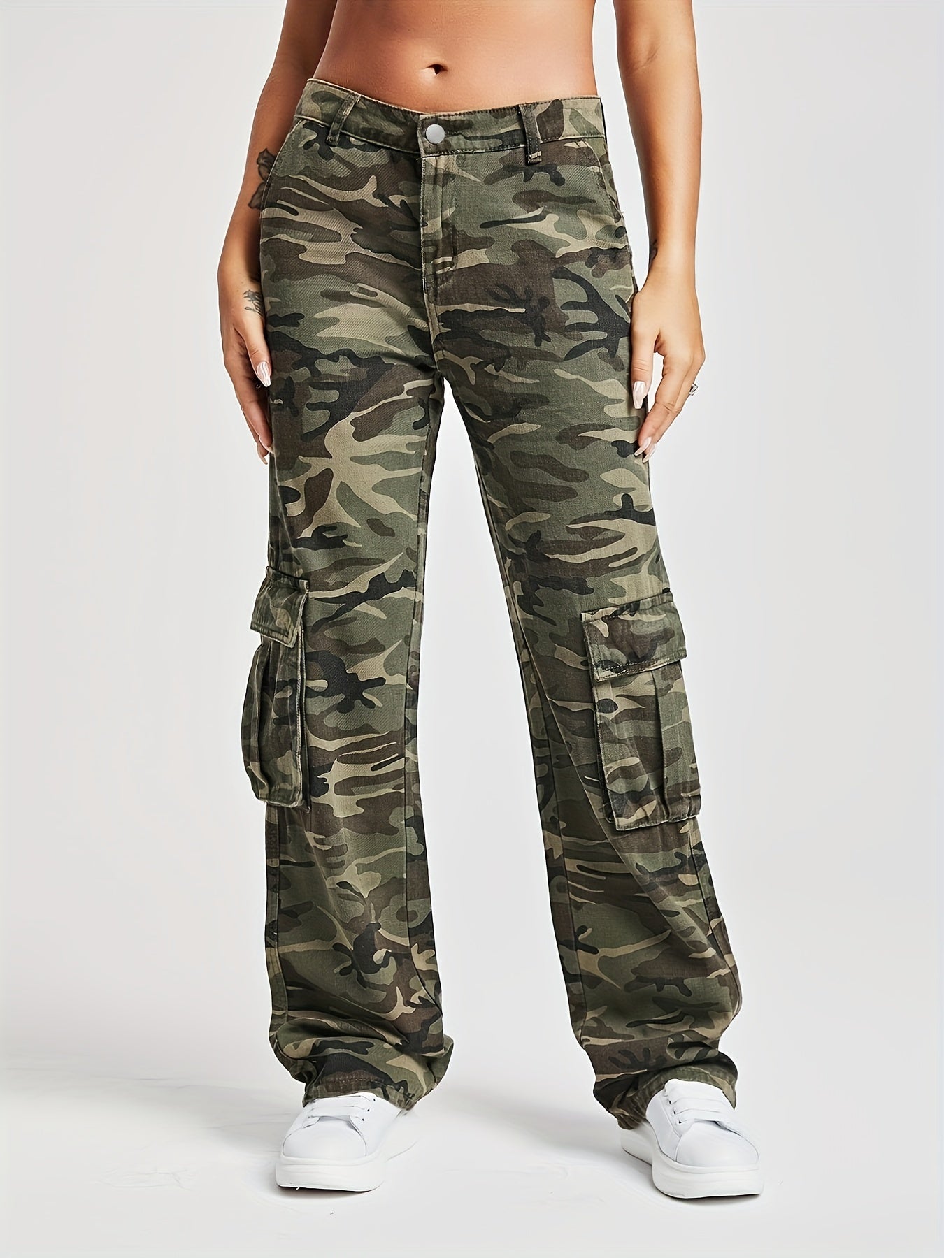 Camo Flap Pockets Straight Jeans High Waist Loose Fit Cargo Denim Pants