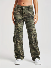 Camo Flap Pockets Straight Jeans High Waist Loose Fit Cargo Denim Pants