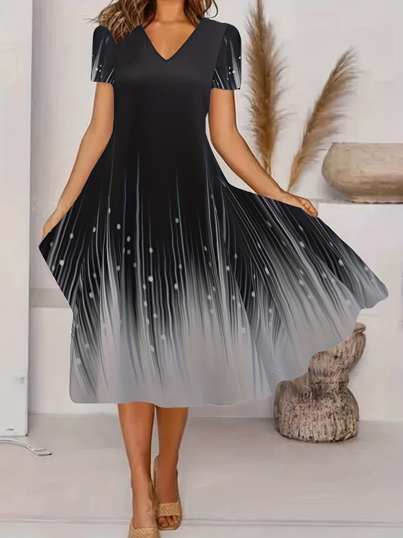 Women's Plus Ombre Striped Short Sleeve V Neck Slight Stretch Dress