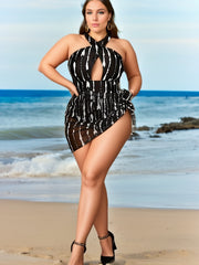 Tie Dye Striped Halter One Piece Swimsuit & Cover Up Skirt Set