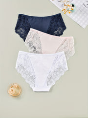 3 Pack Plus Size Panties Set Women's Plus Floral Lace Mid Rise Romantic Briefs