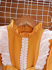 Girls' Ruffle Collar Flutter Lace Long Sleeve Casual Dress