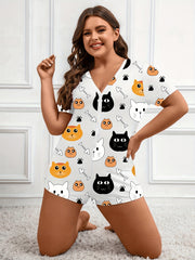 Cartoon Cat Print Pajama Romper Women's Bodysuit