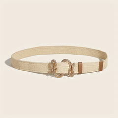 Snake Shape Buckle Straw Belt Beige Handwoven Casual Boho Girdle Elastic Beach