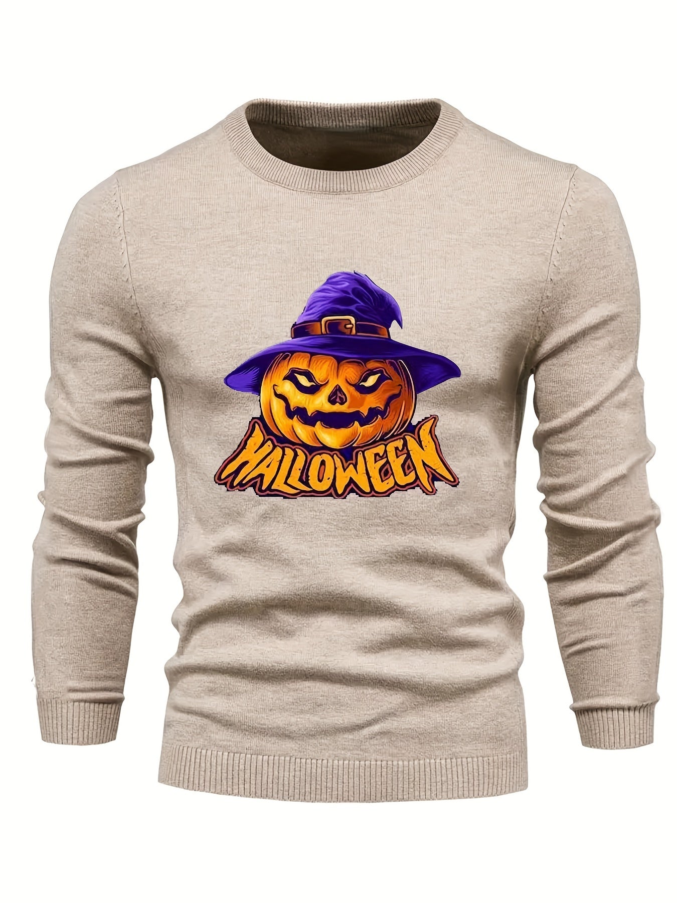 Cartoon Pumpkin Jack O Lantern With Wizard Hat Slim Fit Sweater