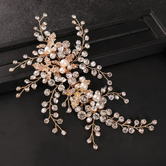 Golden Pearl Bridal Comb Floral Wedding Crystal Rhinestone Comb