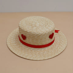 Heart Ribbon Decor Hat Flat Top Jazz Straw Hat UV Protection Summer Travel Beach