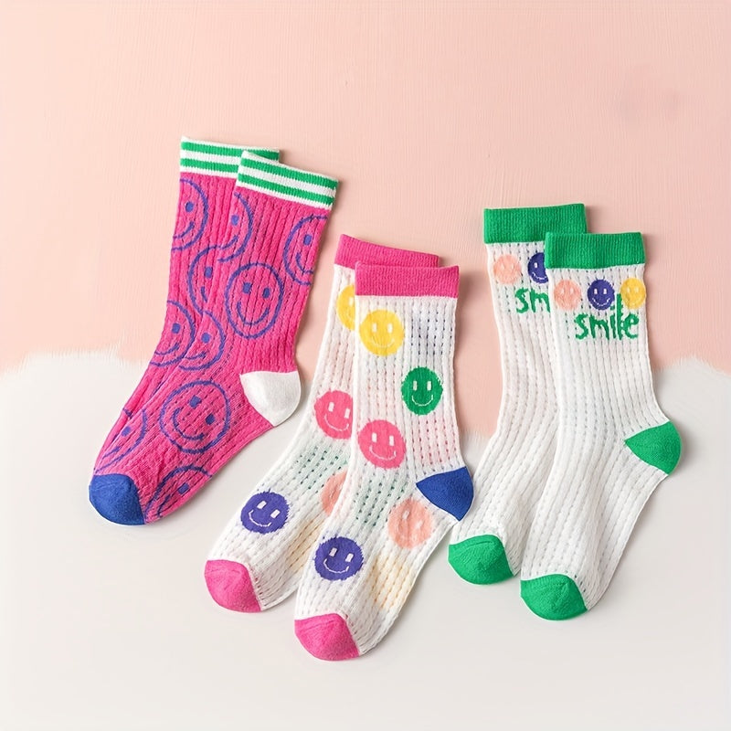 Girls Kids Breathable Crew Socks Cartoon Smile Face Pattern Spring Summer