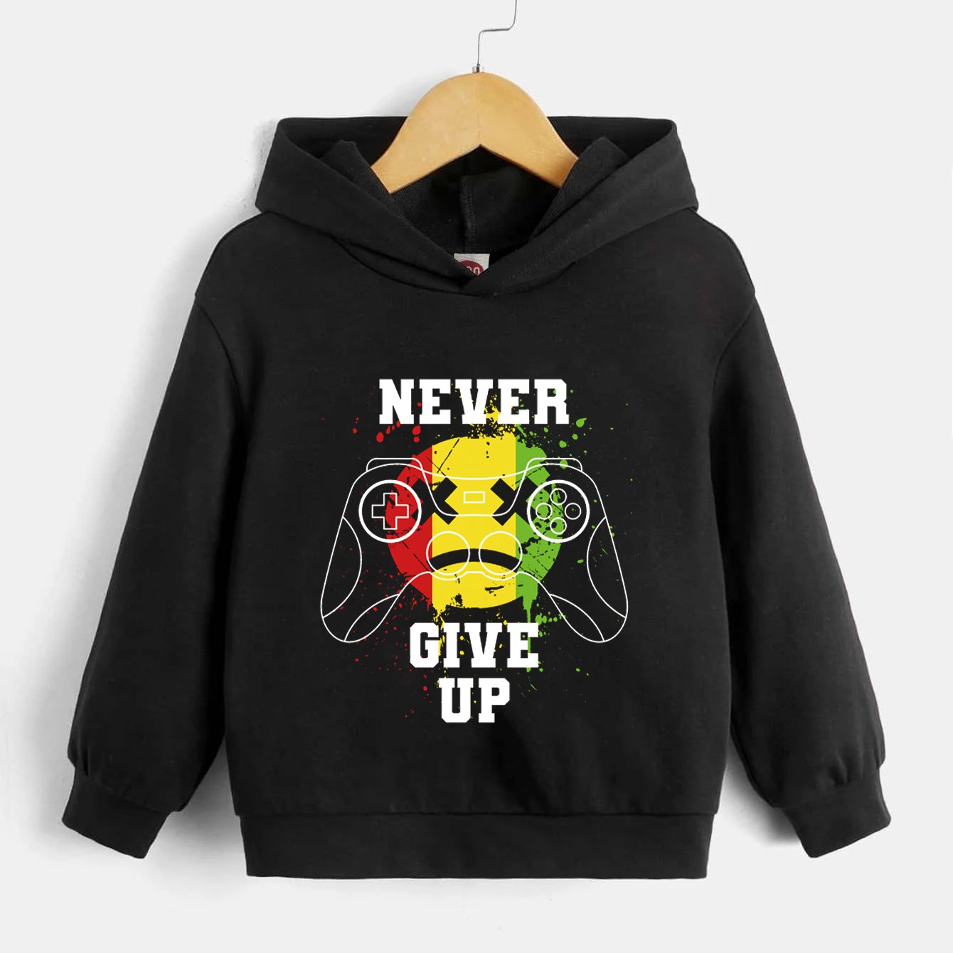 Boys Gamepad Hoodie NEVER GIVE UP Print Long Sleeve Sweatshirt