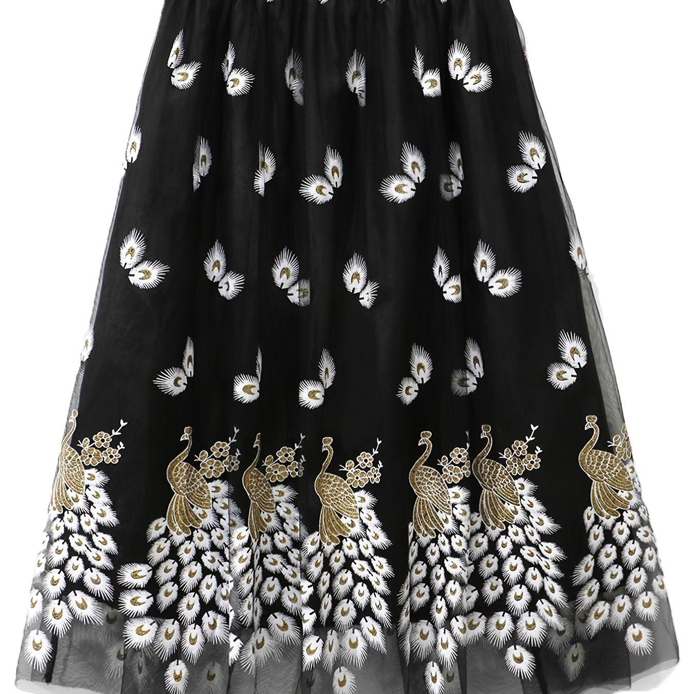 Women's Plus Peacock & Feather Print Elastic Waist Pleated Mesh Skirt