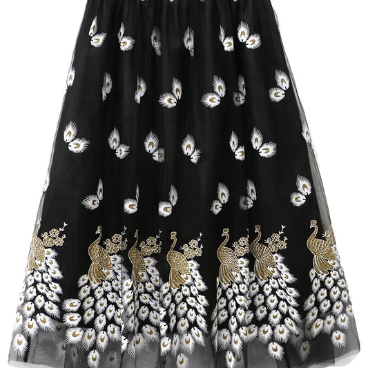 Women's Plus Peacock & Feather Print Elastic Waist Pleated Mesh Skirt