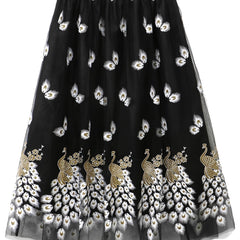 Women's Plus Peacock & Feather Print Elastic Waist Pleated Mesh Skirt
