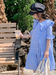 Girl's Cotton One piece Dress Button Decor Short Sleeve Crew Neck Dress