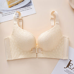 Wireless Push Up Bra Front Buckle Lace Contrast Comfy & Breathable