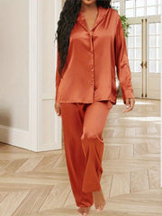 Satin Pajama Set Long Sleeve Button Top & Pants