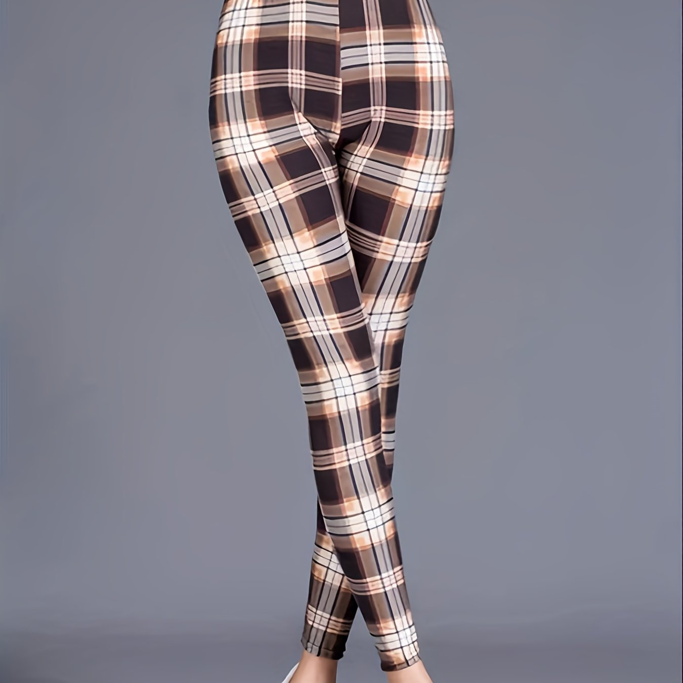 Plaid Print Leggings High Waist Slim Fit Casual Bottoms