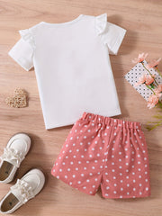 2pcs Toddler Girls Heart Graphic Ruffle Trim T Shirt Top & Shorts Set