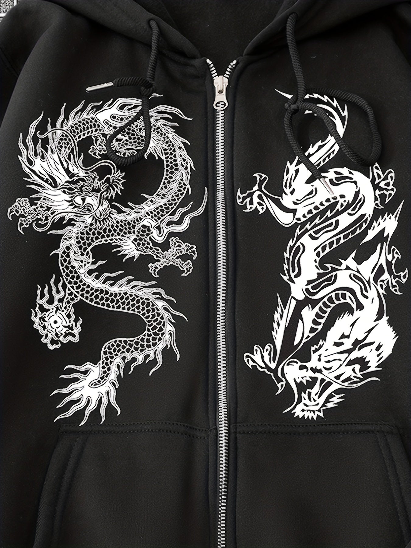 Dragon Print Zip Up Hoodie with Kangaroo Pocket for Women