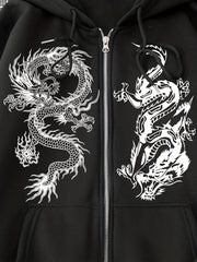 Dragon Print Zip Up Hoodie with Kangaroo Pocket for Women