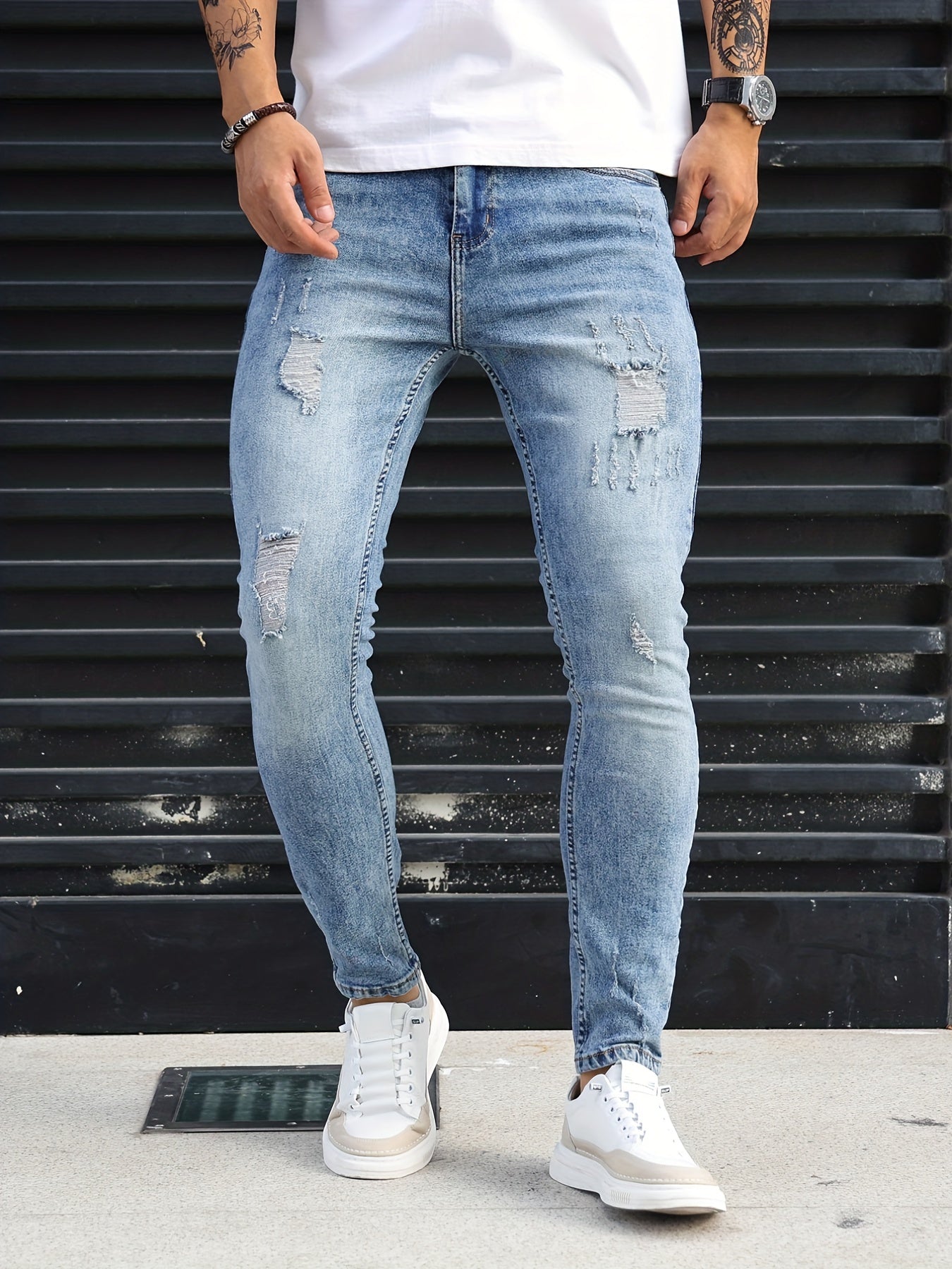 Slim Fit Ripped Jeans Mens Distressed Stretch Denim