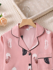 Feather Print Pajamas Set Cardigan Top & Pants Loungewear
