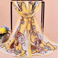 Vintage Thin Chiffon Scarf with Carriage Print Shawl