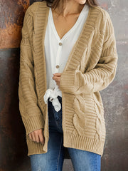 Casual Cardigan Solid Cable Open Front Long Sleeve Stretch Knit