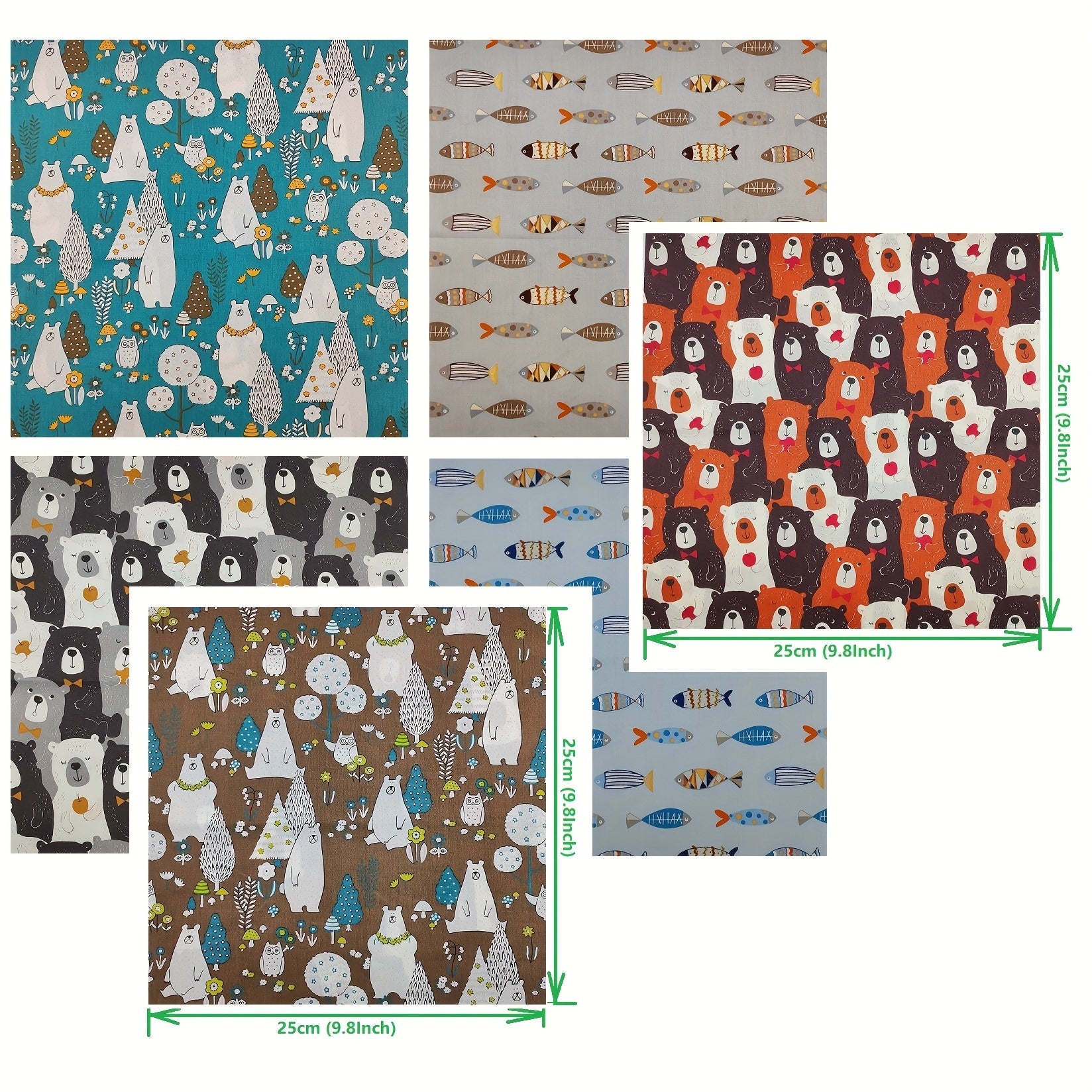 6pcs Bear Animal Pattern Quilting Fabric Cotton DIY Doll Clothes Fabric