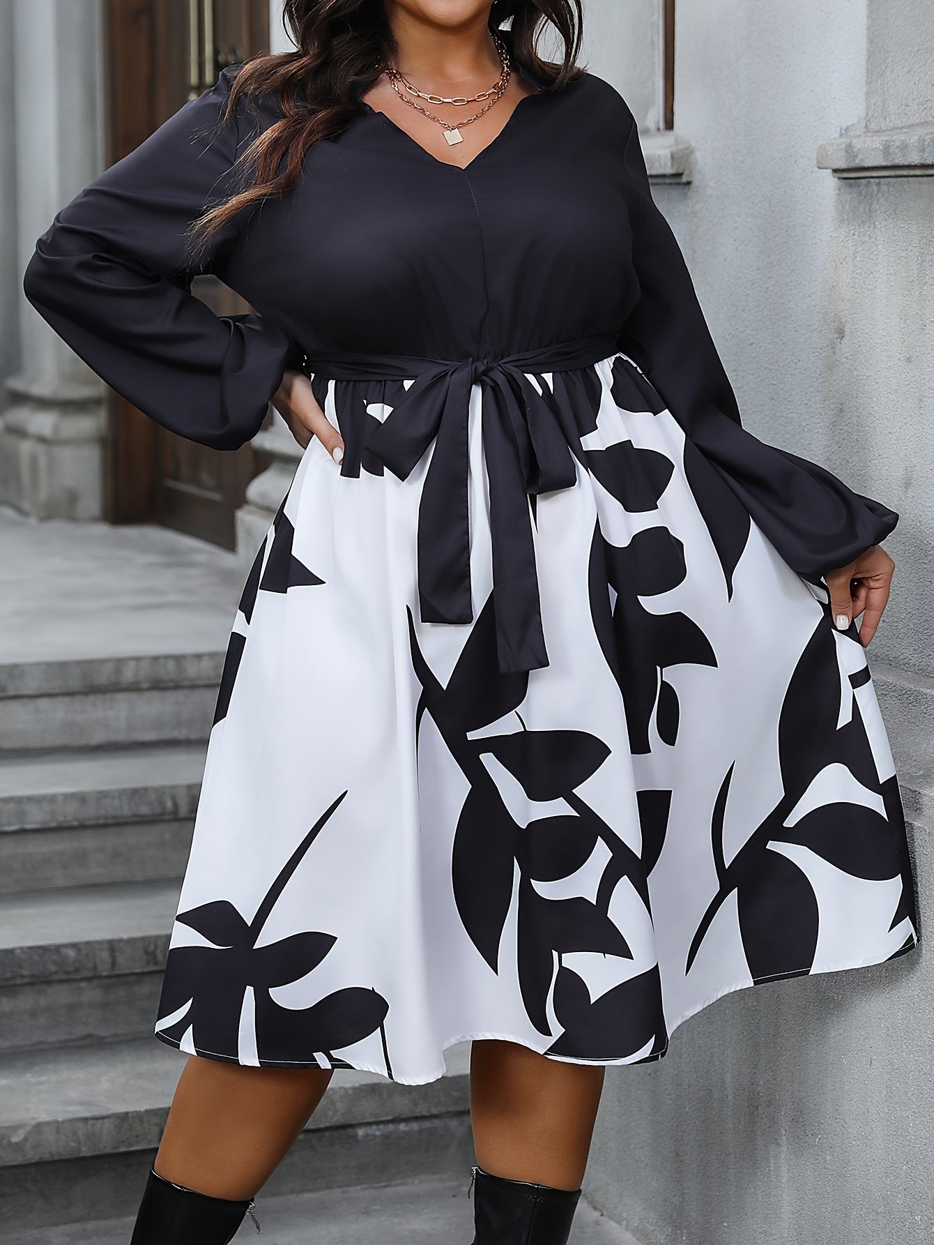 Colorblock Leaf Print Long Sleeve Dress With Belt