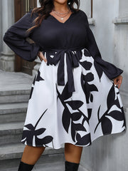 Colorblock Leaf Print Long Sleeve Dress With Belt