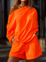 Women's 2pc Casual Set Crew Neck 3/4 Sleeve Tops & Shorts Outfit