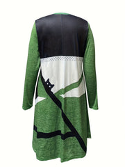 Plus Geo & Cat Print Long Sleeve Round Neck Dress