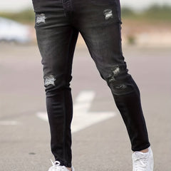 Slim Fit Ripped Cotton Jeans Men's Casual Street Style Solid Distressed