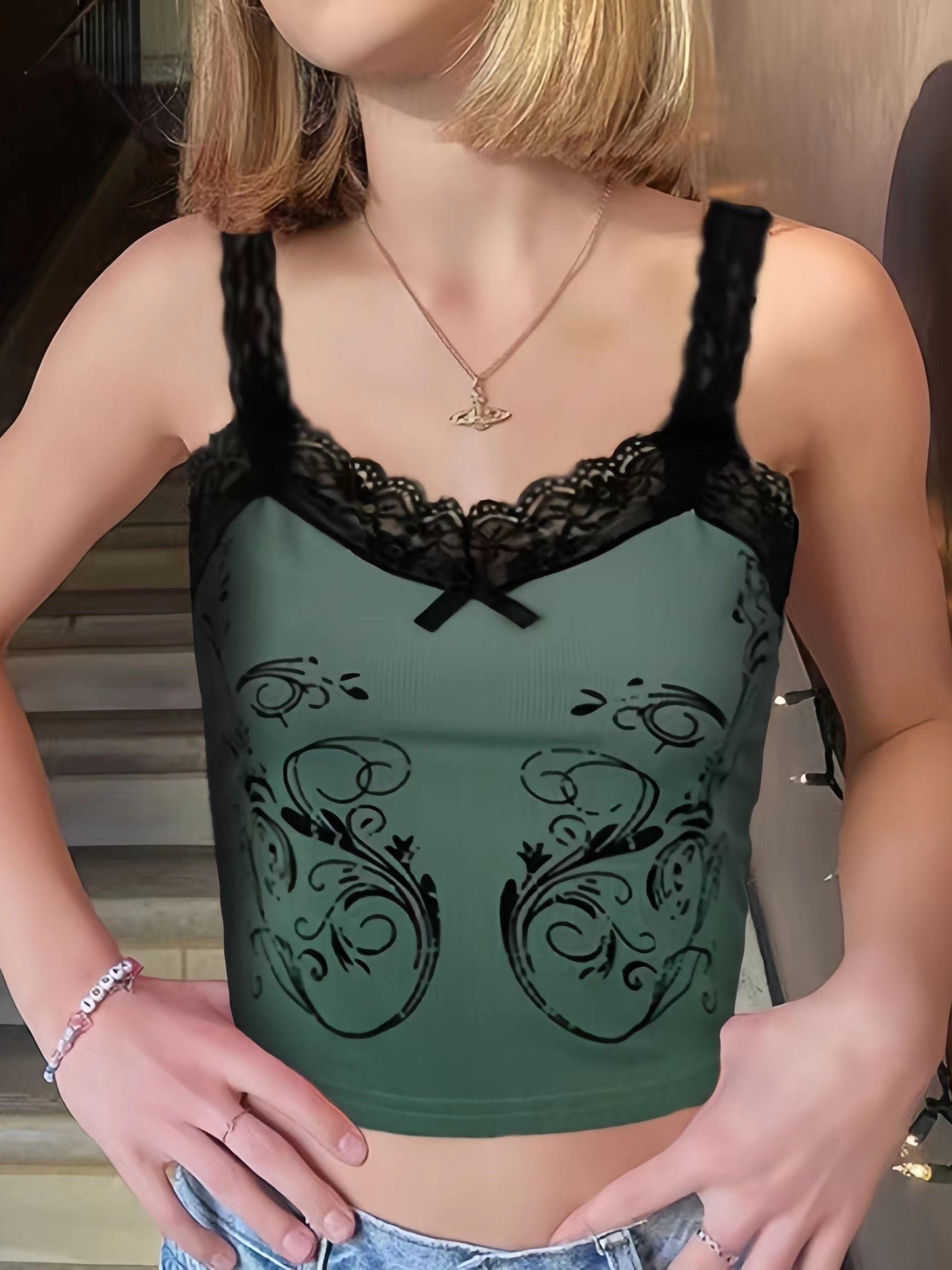 Lace Floral Print Cami Top V Neck Sleeveless Summer Top