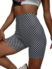 Checkerboard Print High Waist Slim Shorts Women's Clothing