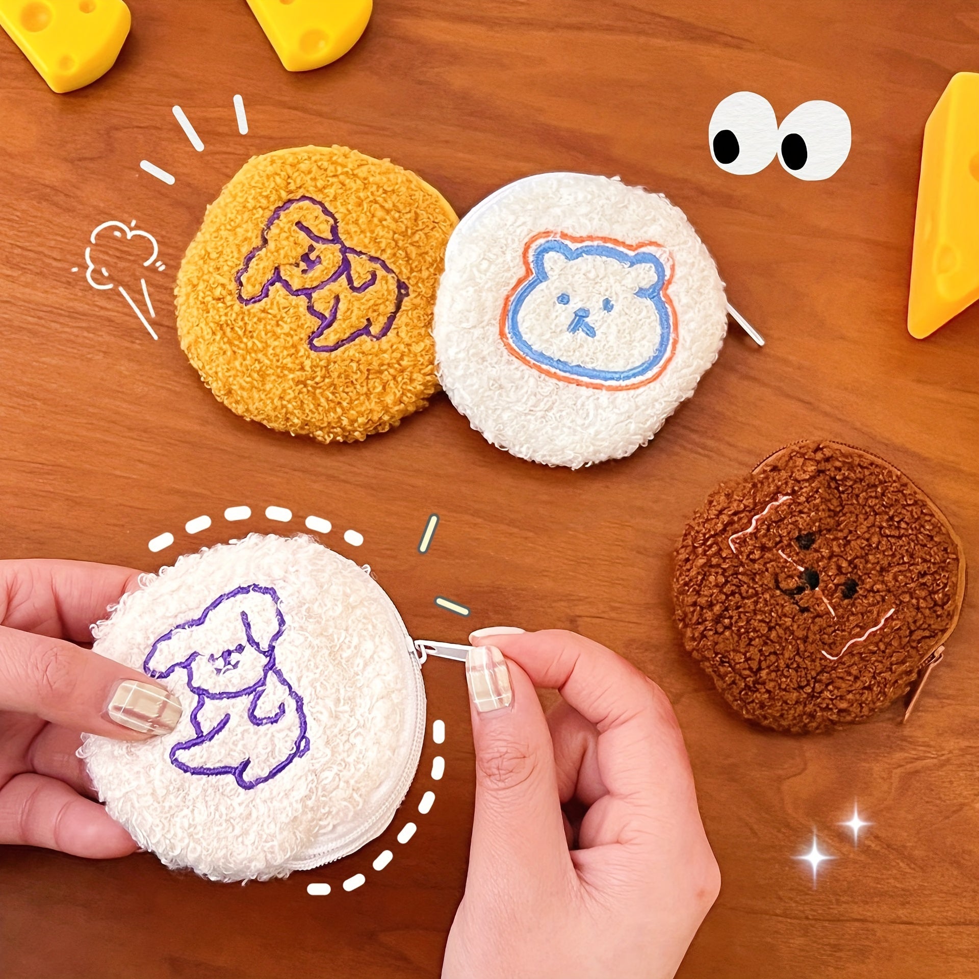 Cartoon Animal Plush Coin Purse Zipper Round Storage Bag for Earphone Key