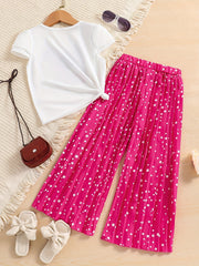 Girls Cartoon Portrait Print T-shirt & Polka Dot Pants Set for Summer