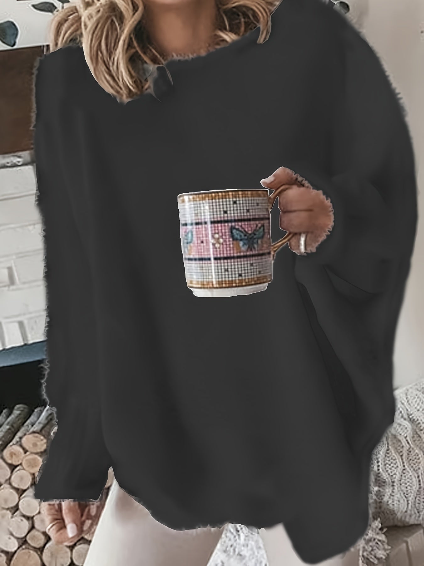 Women's Plus Solid Fluffy Round Neck Sweater
