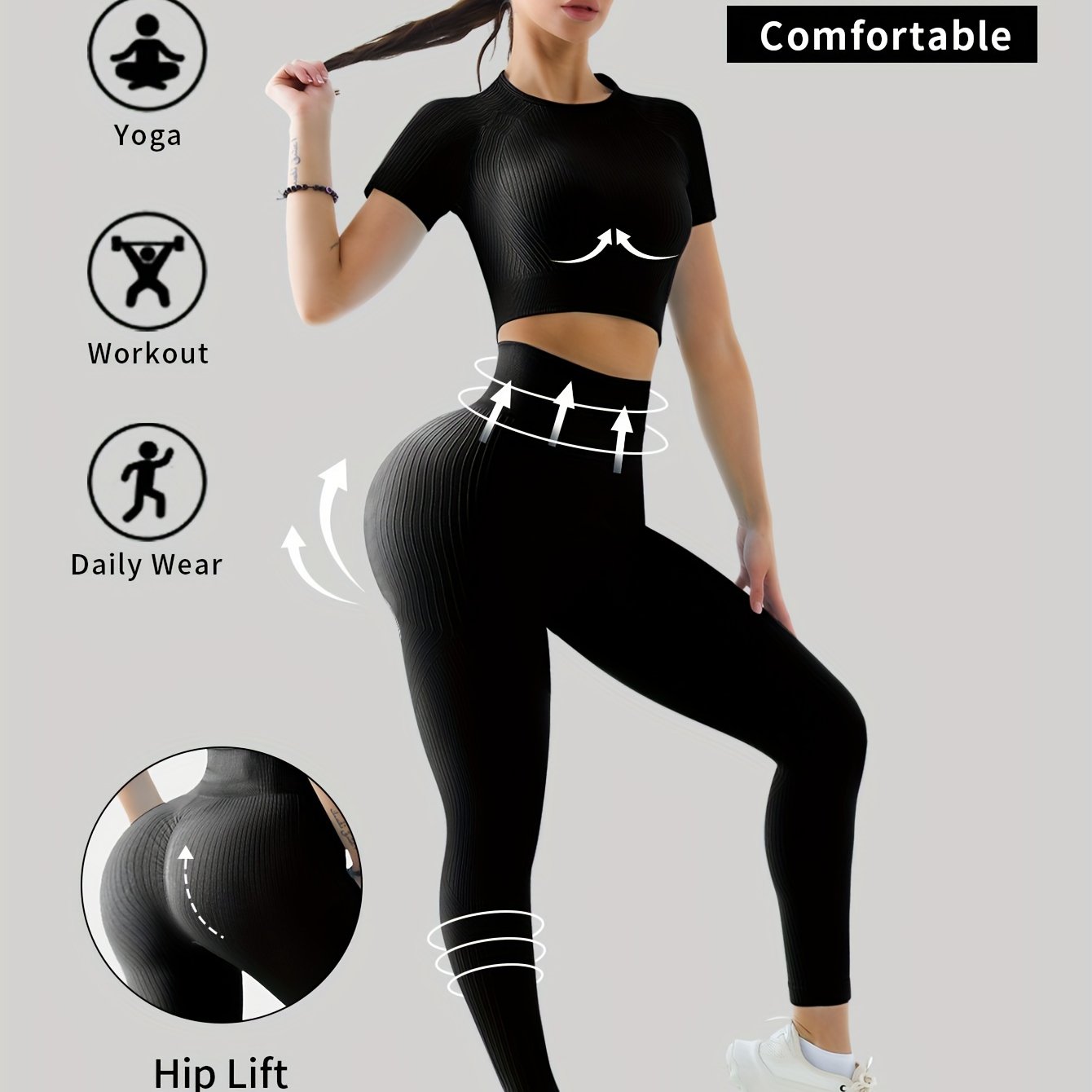 Solid Workout Set Crop Top and High Waisted Leggings Women's Activewear