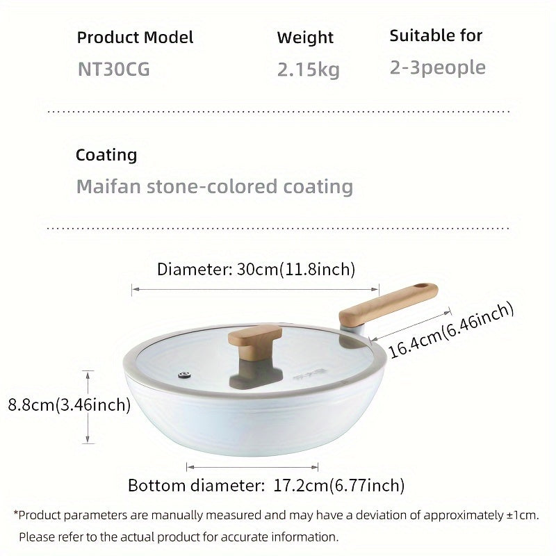 Non Stick Wok Pan 11.8 inch Glass Lid Heat Resistant Handle Induction Ready