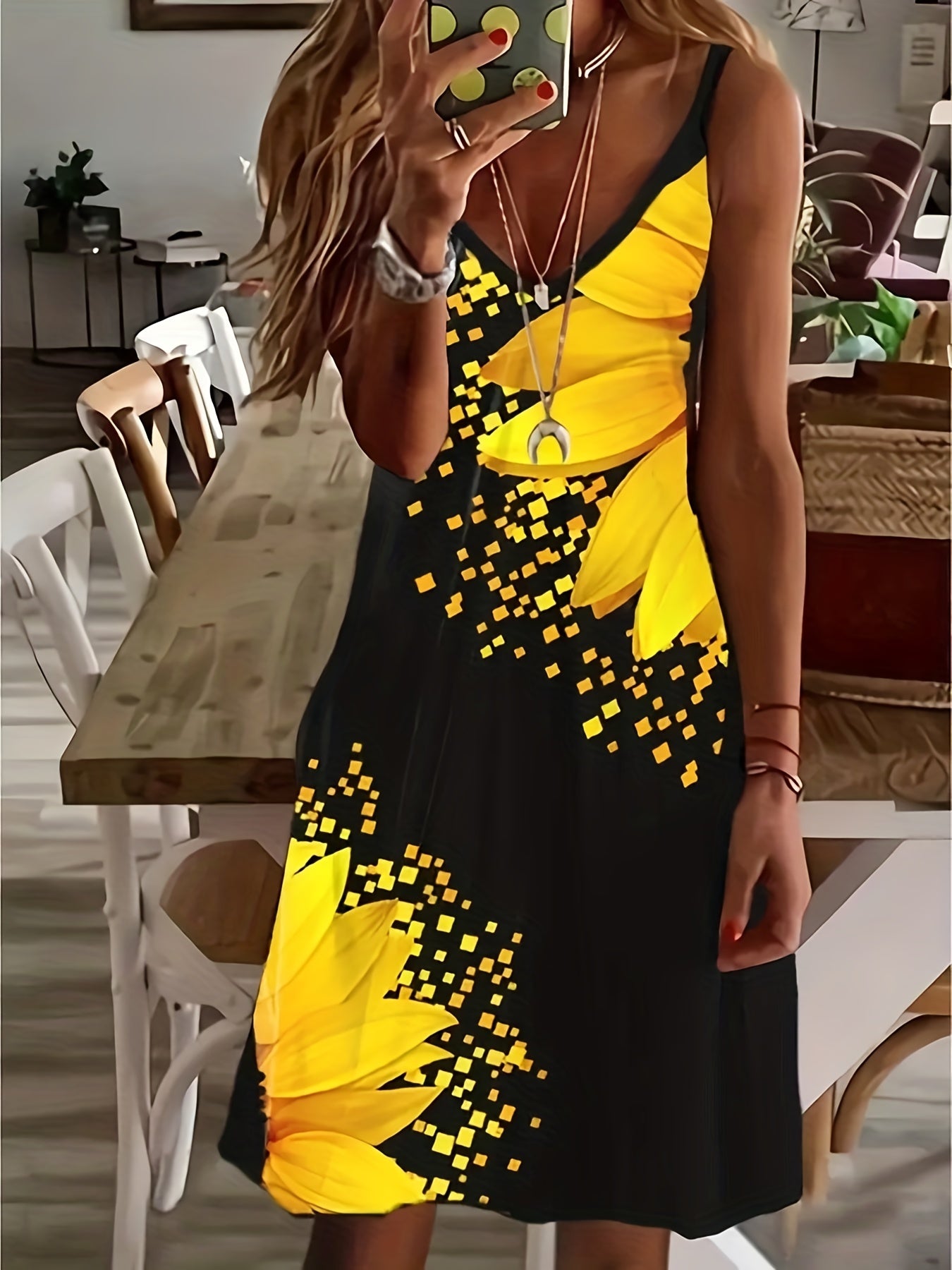 Colorblock Floral Print V Neck Cami Dress