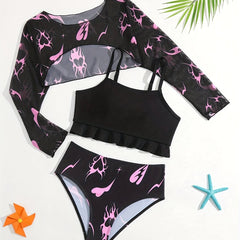 3pcs Girls Fire Heart Bikini Sets Long Sleeve Top Ruffle Trim Briefs