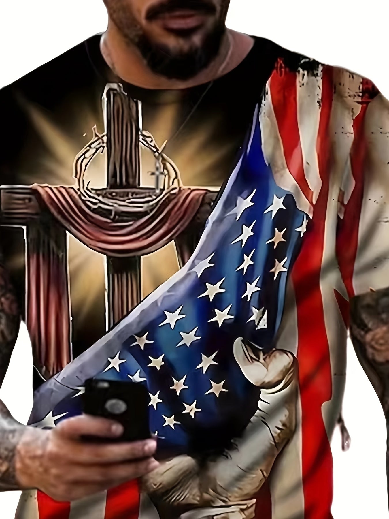 Men's American Flag & Cross Graphic T Shirt for Dads