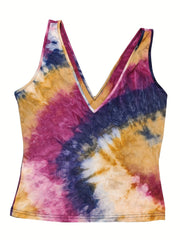 Colorful Tie Dye Plunging Tank Top Sleeveless Summer Clothing