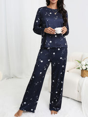 Starry Print Pajama Set Long Sleeve Crew Neck Top & Pants Sleepwear