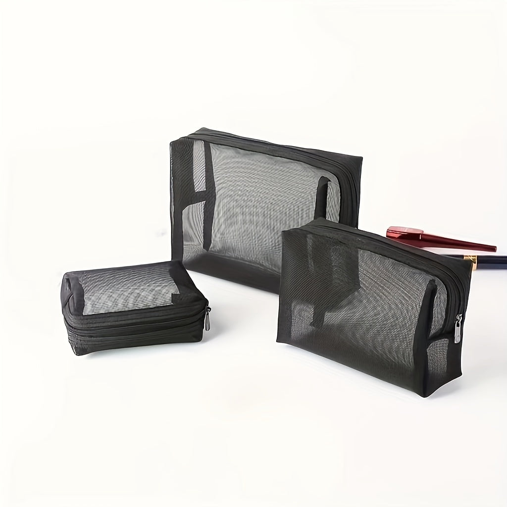 3pcs Nylon Mesh Cosmetic Bag Travel Portable Storage Zipper Pouch
